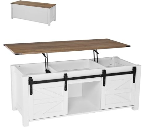 VEVOR Tavolino da Caffè Sollevabile da 1200 mm, Tavolino Rustico con Anta a Fienile e Vano Portaoggetti Nascosto, Moderno Tavolo Rettangolare Sollevabile per Soggiorno, Ufficio, Casa, Bianco