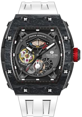 TSAR BOMBA Watches for Men Automatic Mechanical Men's Analog Watch Skeleton Wristwatch Tonneau Watches Carbon Fiber Bezel Cool Watch with Luminous Sapphire Crystal Case White FKM Rubber Strap