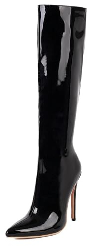 Gicoiz Mode Pointu Aiguille Bottes Femme Genoux Soirée Elegant Cuir Verni Hiver Booty Zip Leopard Talons Hauts Noir Taille 39 EU-40Cn