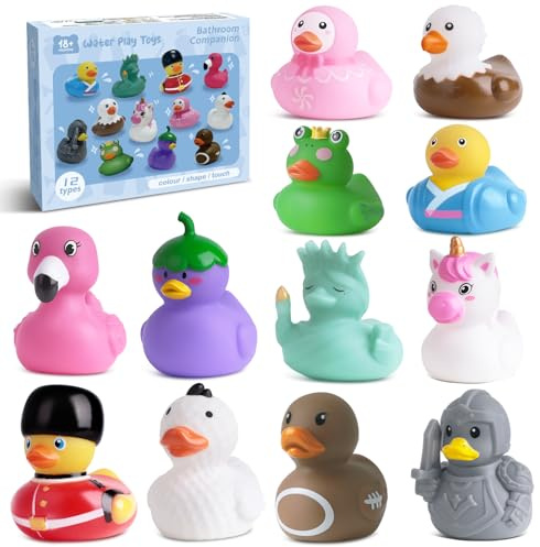 12 Patos de Goma Juguetes de Baño para Bebés, Sin Agujeros Anti-Moho, Juguetes Flotantes para Piscina Infantil, Juguetes Sensoriales Educativos para Niños y Niñas de 18+ Meses