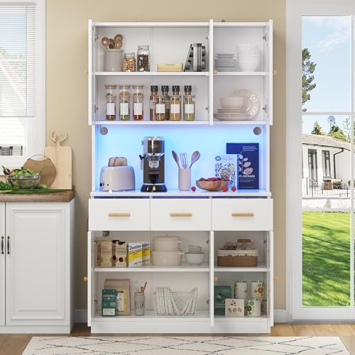 Wiuzo Armadietto da cucina a buffet, 182 cm, alto da cucina con illuminazione a LED e presa, bianco con ante in tessuto e manici in legno massiccio, spazio per microonde, macchina da caffè e stoviglie