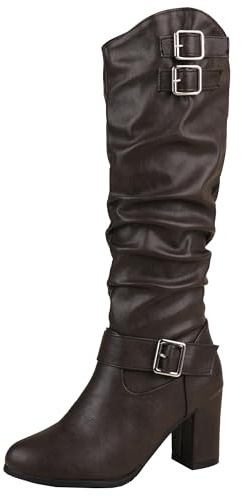 BULVJ Botines para mujer con tacón de bloque hasta la rodilla, botines holgados informales con decoración de hebilla de metal y cremallera lateral, marrón oscuro, 44 EU