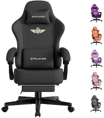 GTPLAYER Gaming Chair, Ergonomic Computer Chair with Footrest and Lumbar Support Height Adjustable Home Office with 360°-Swivel Seat and Headrest Black