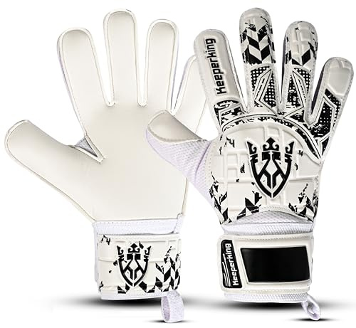 Keeperking Gants de gardien de but unisexes pour adultes et enfants avec et sans protection des doigts amovibles 4 mm - Différentes tailles et couleurs (White-FS-Flat Cut, 9)