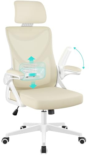 Yaheetech Ergonomisk kontorsstol med ländryggsstöd skrivbordsstol justerbart armstöd kontorsstol nackstöd roterande bas 70 cm andningsbar beige