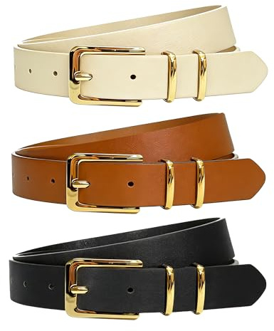 Neteson 3 Piezas Cinturón de Cuero Mujer Elegante Cinturón Jeans Pantalones | Clásico Ajustable Cinturón Señoras Piel Ancho con Hebilla para Vestidos