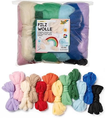 folia 52309 - Filzwolle-Rainbow 12er, Märchenwolle, ca. 350 g im Beutel, sortiert in 12 Farben, ideal zum Basteln und Gestalten von Figuren
