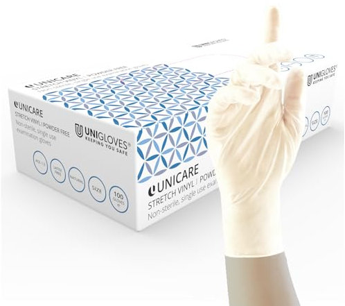 UNIGLOVES Unicare Guanti da esame in Vinile elasticizzato - Guanti Monouso Multiuso, Senza Polvere e Lattice - confezione da 100 Guanti, Natural, Large (GS0134-A)
