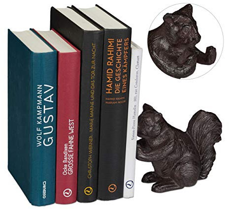 Relaxdays Djurbokstöd, ekorre, för böcker, CD-skivor, DVD-skivor, gjutjärn, robust stativ, brun