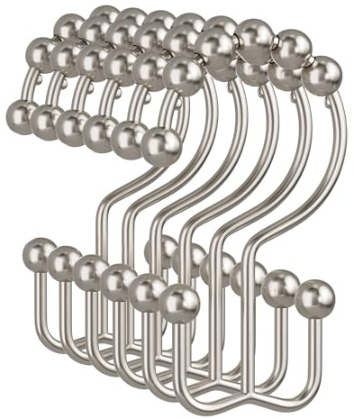 Amazer Shower Curtain Hooks, 12PCS Rust-Resistant Metal Double Shower Curtain Rings for Curtain Rolling Shower Hooks, Shower Rings for Bathroom Shower Curtain Rod, Nickel