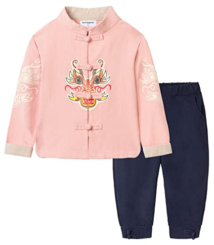 Mud Kingdom Girls Outfits with Dragon Embroidery New Year Tang Suit for Little Girl Traditional Chinese Style 2-Piece Set Frog Button Pink 7-8 Years