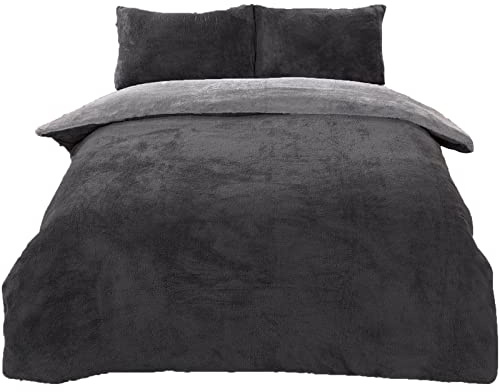 Brentfords Reversible Teddy Fleece Duvet Cover with Pillow Case Supersoft Fluffy Thermal Warm Soft Bear Bedding Set, Charcoal Silver Grey - King