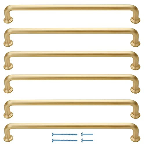 French Furniture Fittings Cupboard Handles, Set of 6 Door Pulls, Matt Brushed Brass Cabinet Handles for Kitchen Cupboards, Contemporary Curved Pull Handles, Durable, Stylish, Easy to Install, 192mm