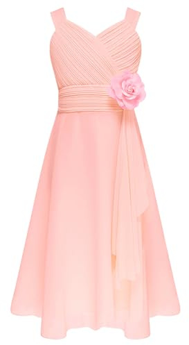 Aislor Bebe Fille Robe Demoiselle d'honneur Mariée Enfant Robe de Cérémonie Communion Asymétrique Robes A Fleur Bretelles Rose 13-14 Ans