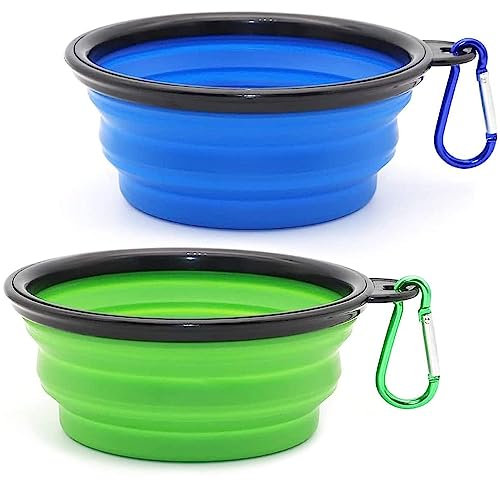 Voarge 2 cuencos plegables para perros, comedero plegable portátil de silicona a prueba de fugas, con ganchos, perros y mascotas, para agua y comida, 350 ml, azul y verde