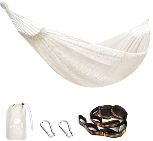 Anyoo Große Netz Hängematte 320x150cm, Atmungsaktives Cool-Mesh Hängematte mit Baumgurten für Outdoor Camping Garten Wandern Rucksacktouren