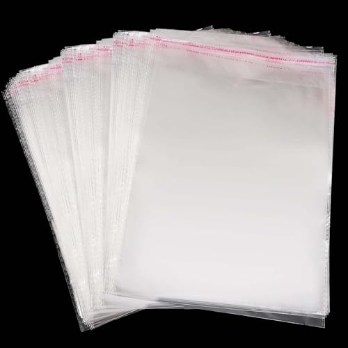SINJEUN 300 Bolsas Autoadhesivas Transparentes A4 de Celofán, 22 x 34 cm, Plástico OPP para Tarjetas, Galletas, Dulces