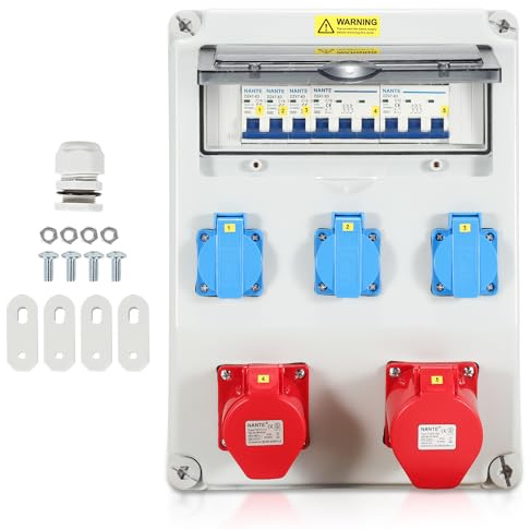 Cecaylie Väggfördelare 1 x 32 A, 1 x 16 A, 3 x 230 V, med LS+FI, strömfördelare med skyddsbrytare, byggströmfördelare med Schuko-uttag, 5-polig. byggströmsfördelare för inomhus- och utomhusbruk