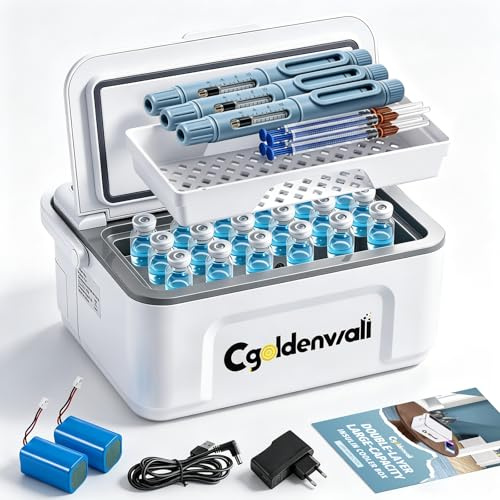 12 Horas Caja Nevera Portátil para Insulina para Max.12 Bolígrafos, 19*8*7cm Capacidad Interna 0-8℃ Ajuste con 2 Baterías 5V 13600MAH Mini Refrigerador de Medicina para Uso en Casa En casa y fuera