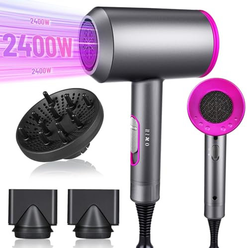 Secador de pelo, Secador de Pelo Iónico Portátil Profesional de 1800W, 3 Ajustes de Calefacción with Boquillas, Secador de Pelo Ligero para Salón de Casa, Viajes, Mujeres, Niños (Gris)