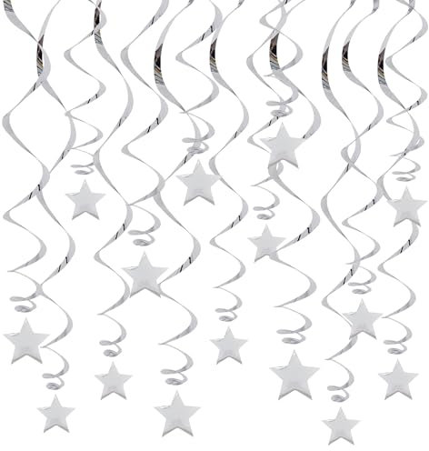 RIBBOOO Silver Hanging Reflective Star Paper Garland, 15 PCS Silver Star Glitter Garland Streamer for Graduation Wedding Baby Shower Decorations, Pack of 15