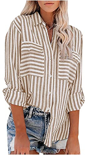 Chemise décontractée pour femme - Chemise rayée polyvalente - Couleur unie - Boutonnée - Haut décontracté - Manches longues - Avec 2 poches de poitrine - Tunique légère et fine - Tendance - Veste à