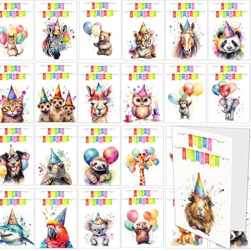 30 Animal Birthday Cards drawn in Bright Watercolours with White Envelopes - 30 Different Designs