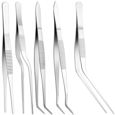 JJUNW Set di 5 pinzette da cucina, in acciaio inox, pinzette per barbecue, utensili da cucina, pinzette curve, per riparare la cottura, grigliare