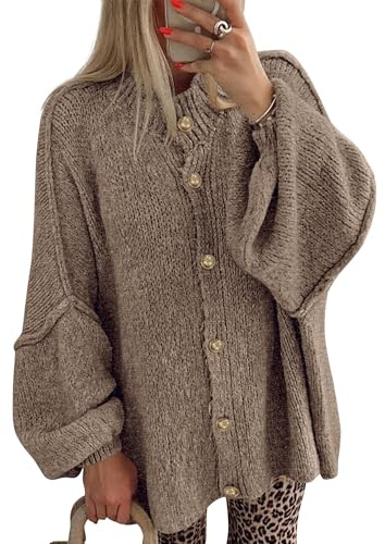 BTFBM Cardigan Sweaters for Women 2026 Fall Clothes Lantern Long Sleeve Button Open Front Chunky Knit Oversized Sweater(Camel, Large)
