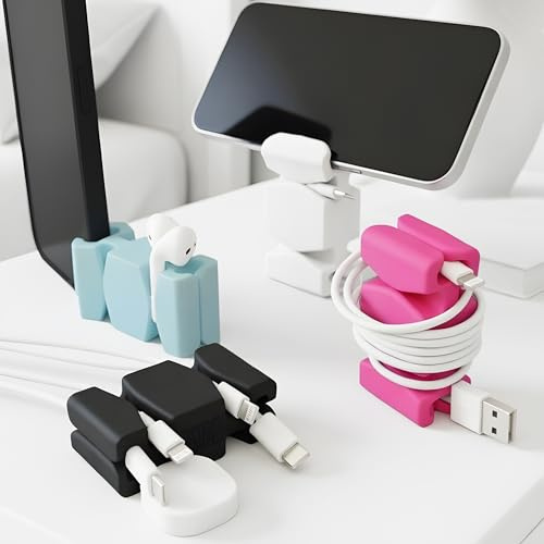 CordBrick 4PK Silicone + Steel Weighted Cord Holders for Nightstands, Travel Cable Organizers, iPhone Accessories for Offices. Easter Basket Stuffers for Employees, Staff, Coworkers. Assorted Colors