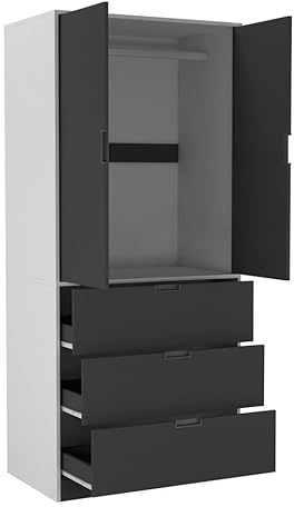 URBNLIVING Modern 2 Door Wardrobe with 3 Drawers & Hanging Rail, Stylish Freestanding Storage, Spacious Interior, Durable Chipboard Build, Easy to Assemble Bedroom Furniture