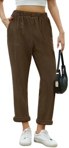 Yutdeng Pantalones de Pana para Mujer Cintura Elástica Pantalones Anchos Cintura Alta Casuales Pantalón de Pana Mujer Largos Pantalon Pierna Recta Casual Elásticos Cómodo Invierno Otoño con Bolsillos
