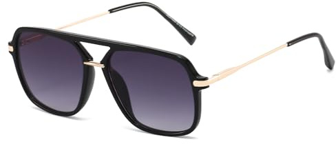 Long Keeper Gafas de Sol Piloto Mujer Hombre Vintage Gafas de Sol Cuadradas Doble Puente Años 70 Clásico Gafas Piloto Retro Protección UV400 (Negro Montura - Púrpura Gris Degradado Lente)