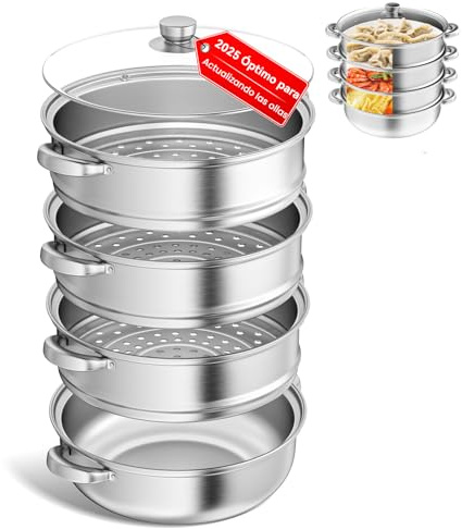 Vaporera de acero inoxidable de 28 cm con cesta vaporera, batería de cocina de 3/4/5 niveles con tapa para cocinar verduras, mariscos, sopas, guisos y pastas (4)