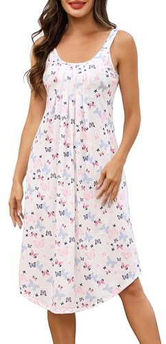 Lovasy Cotton Nighties for Women Long Pleated Nightdresses for Women UK Sleeveless Ladies Nighty Soft Night Dress Nightshirts Nightwear,Lilac Butterfly,XXL