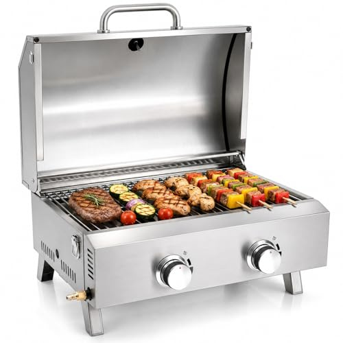 Barbecue a gas a 2 fuochi in acciaio inox, compatto, portatile, da campeggio, GPL, con griglia, termometro e pietra per pizza, barbecue per esterni, per giardino, terrazza, picnic e camper