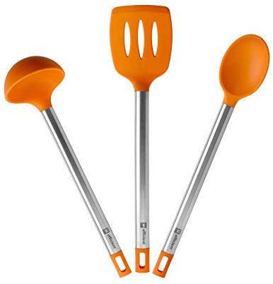 BRA Efficient Set 3 utensilios cocina, 36.5 cm, espátula, cuchara, cazo, Acero INOX, Nailon y Silicona