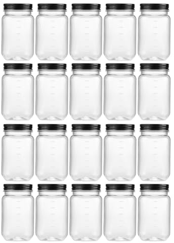 novelinks 16 oz Clear Plastic Jars with Lids, Refillable 16oz Mason Jars with Lids & Storage Containers for Kitchen & Household Use (20 Pack,Black)