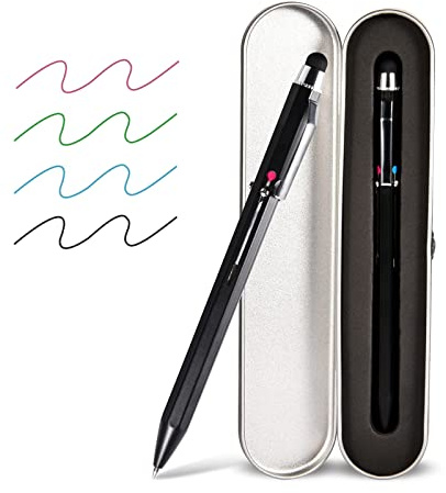 SMTTW 5-in-1 Stylus & Multicolor Kugelschreiber, Multifunktionsstift mit Metall-Geschenkbox - Schwarz, Blau, Rot, Grün, Universal Stylus für Touchscreens (Schwarz)