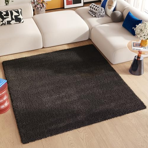 TAPISO Essence Teppich Quadratisch Shaggy Hochflor Langflor Schwarz Einfarbig Weich Modern Design Wohnzimmer Schlafzimmer ÖKOTEX 160 x 160 cm