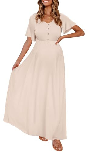 Peauty Umstands-Maxikleid Sommer mit dekorativem Knopf (S-3XL)/Kurze Flatterärmel Flowy Kleid Baby Shower Fotoshooting, Hell, Mokka, Mittel