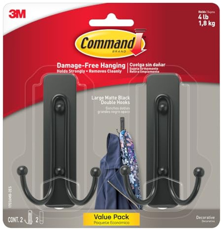 Command 17036MB-2ES Large Wall Hooks, 2 Pack, Matte Black