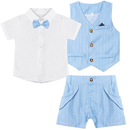 ranrann Set bröllop pojke baby barn gentleman skjorta shorts dop outfit födelsedag fotoutfit set sommar 9 månader - 8 år, Färg: blå, 5-6 ans