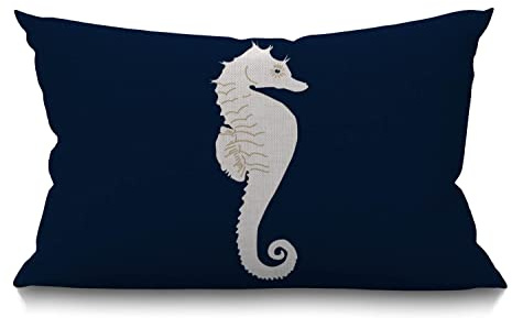 BGBDEIA Federa per cuscino lombare bianco a forma di cavallo marino 30x50 cm 12x20 pollici, decorativa per camera da letto, soggiorno, blu navy, tema nautico marino costiero oceanico, federa