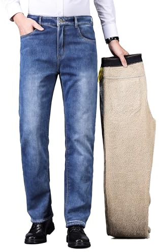 ziilay Förtjockade lammskinn, termojeans, män, termobyxor, snöbyxor, teddyfleece, fodrade vinterbyxor, stretch, Tvättad blå, 34W / 30L