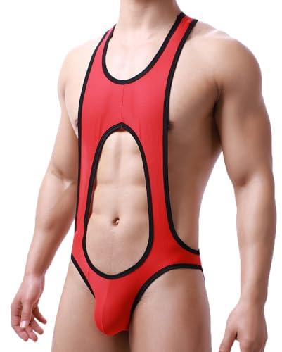 WMIERFI Mens Bodysuit Thong G-string Leotard Mesh Wrestling Singlet Jumpsuit Underwear Base Layers (Red, XXL)
