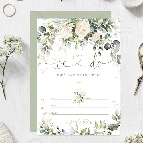 Whaline 25 Sets Greenery Floral Wedding Invitation with Envelopes Stickers Eucalyptus Leaves Fill in Blank Invites Cards for Bridal Shower, 5 x 7 Inch