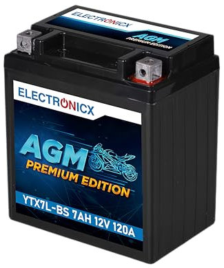 Electronicx, AGM, Motorradbatterie YTX7L-BS 12V 7Ah 120A Starterbatterie wartungsfrei, versiegelt, kompakt, vibrationsfest und auslaufsicher - Für Roller, Quad und Motorrad - Maße:113x70x128 mm.