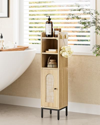 HEYZOEY Armoire de salle de bain étroite autoportante - Armoire haute avec porte - Armoire étroite pour salle de bain, cuisine, salon, chambre à coucher, balcon ou bureau - En rotin noir