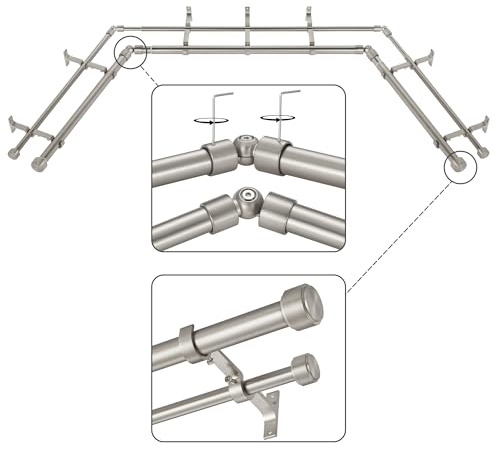 Mayrhyme Brushed Nickel Double Corner Window Curtain Rods with Aluminum End Cap Finials and Brackets,1 Inch Diameter Dual Bay Window Curtain Rods, Adjustable 2 Sided 32-58 and 32-86 Center Double Rod